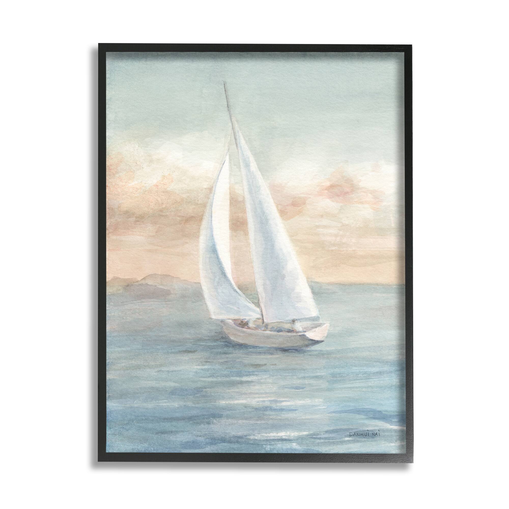 Stupell Industries Morning Sunrise Sailboat Soft Pink Contemporary Ocean Sky Framed Wall Art